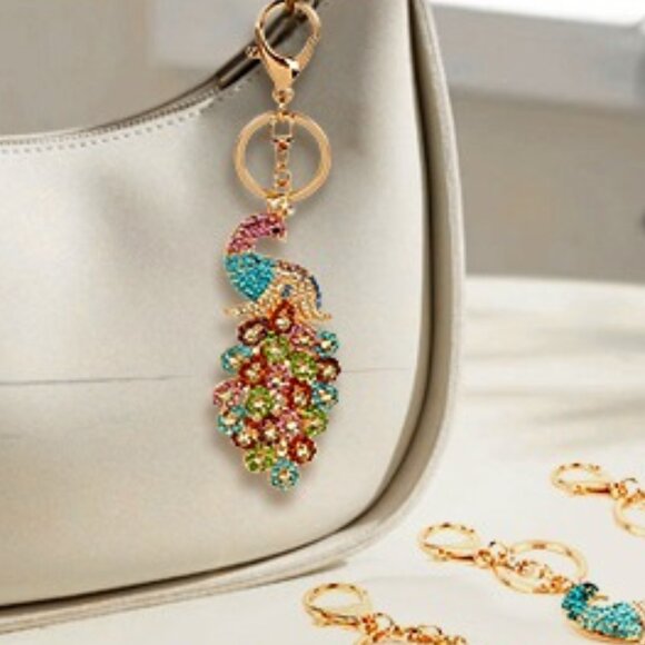 Peacock Crystal Rhinestone Keychain Bag Charm - Picture 2 of 15